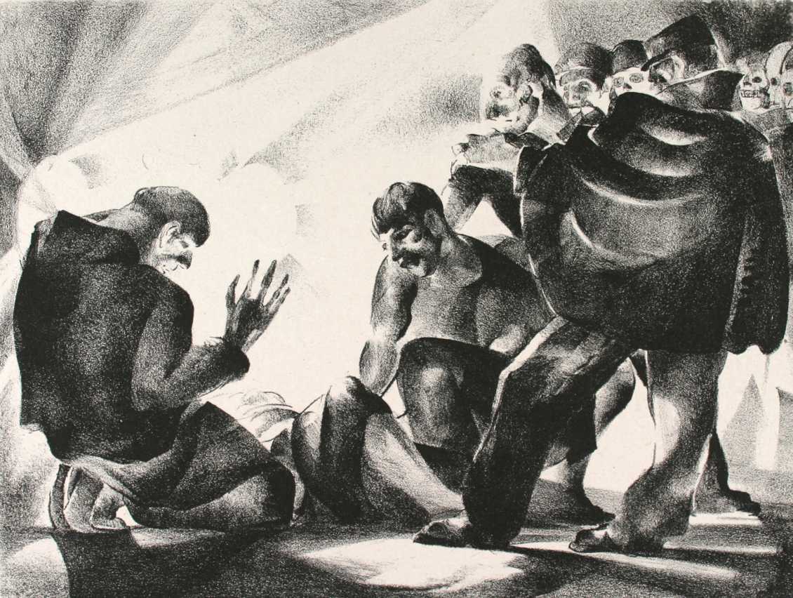 A chaotic street scene shows figures reacting to an unseen incident, rendered in stark black and white lithography. The tight composition heightens the sense of urgency and movement.