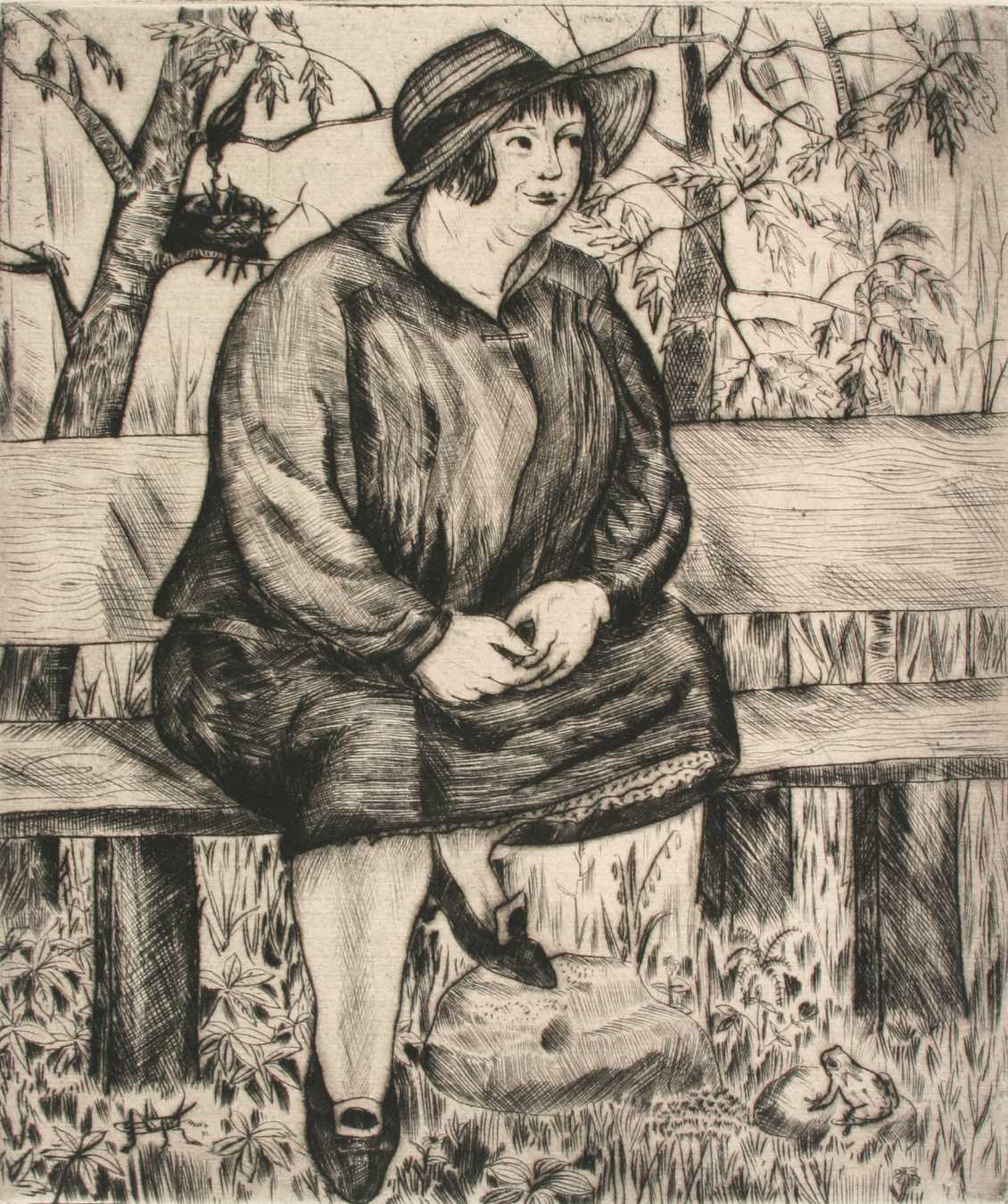 A rotund woman sits in profile, her exaggerated proportions humorously emphasized by fine drypoint lines. The portrait critiques societal perceptions with wit and sharp detail.