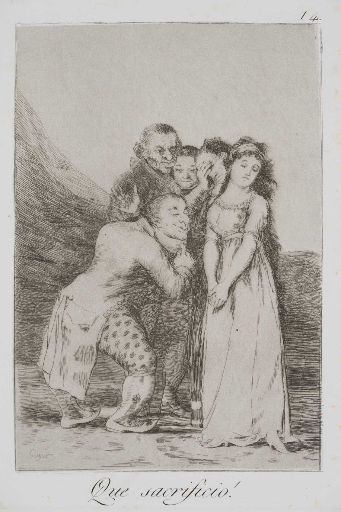 A young woman stands partially draped, flanked by two grotesque, older men who lean in to inspect her. The men’s exaggerated features contrast with the woman’s delicate appearance, creating a tense visual confrontation.