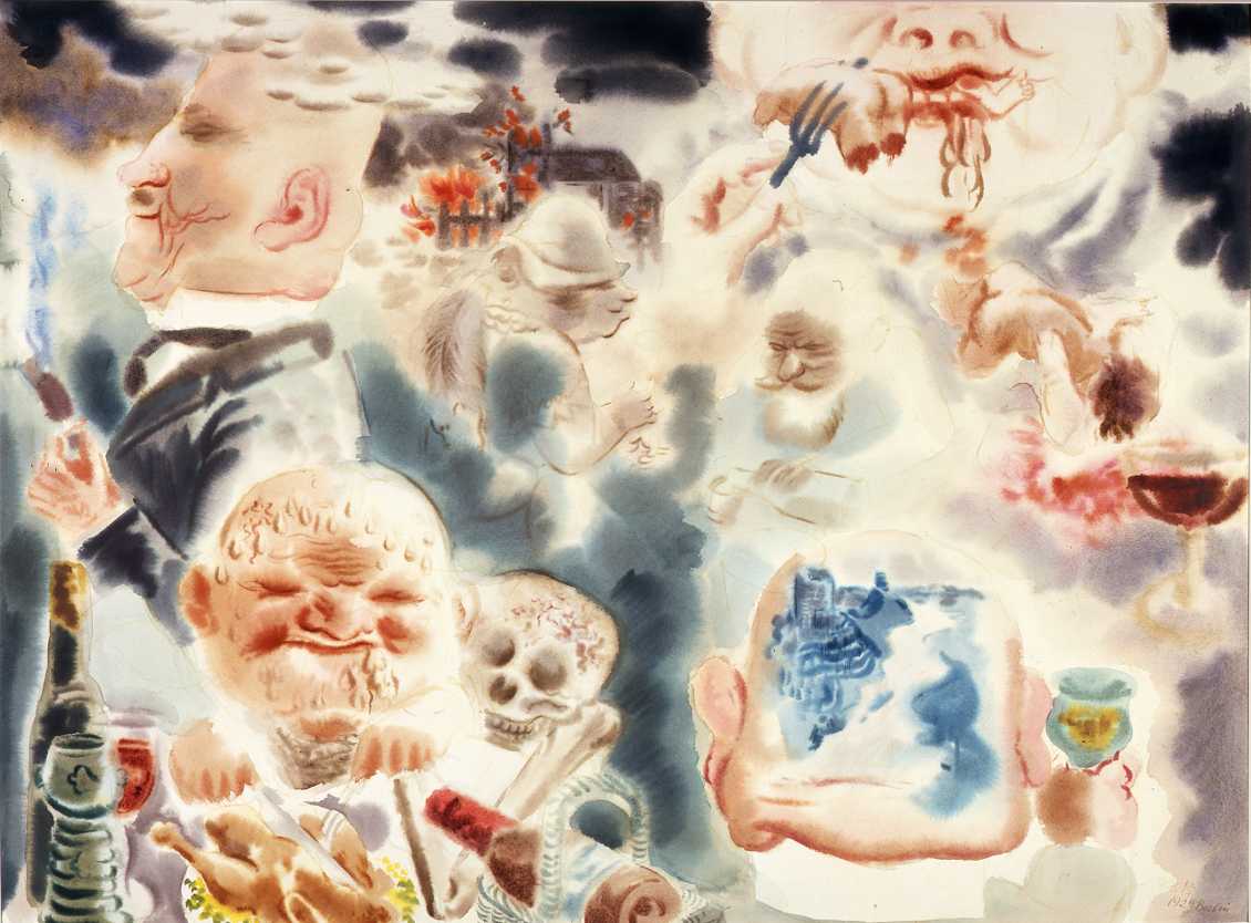Satirical watercolor depicting grotesque figures in a distorted, decadent banquet scene. Grosz critiques moral decay through caricature and layered symbolism.