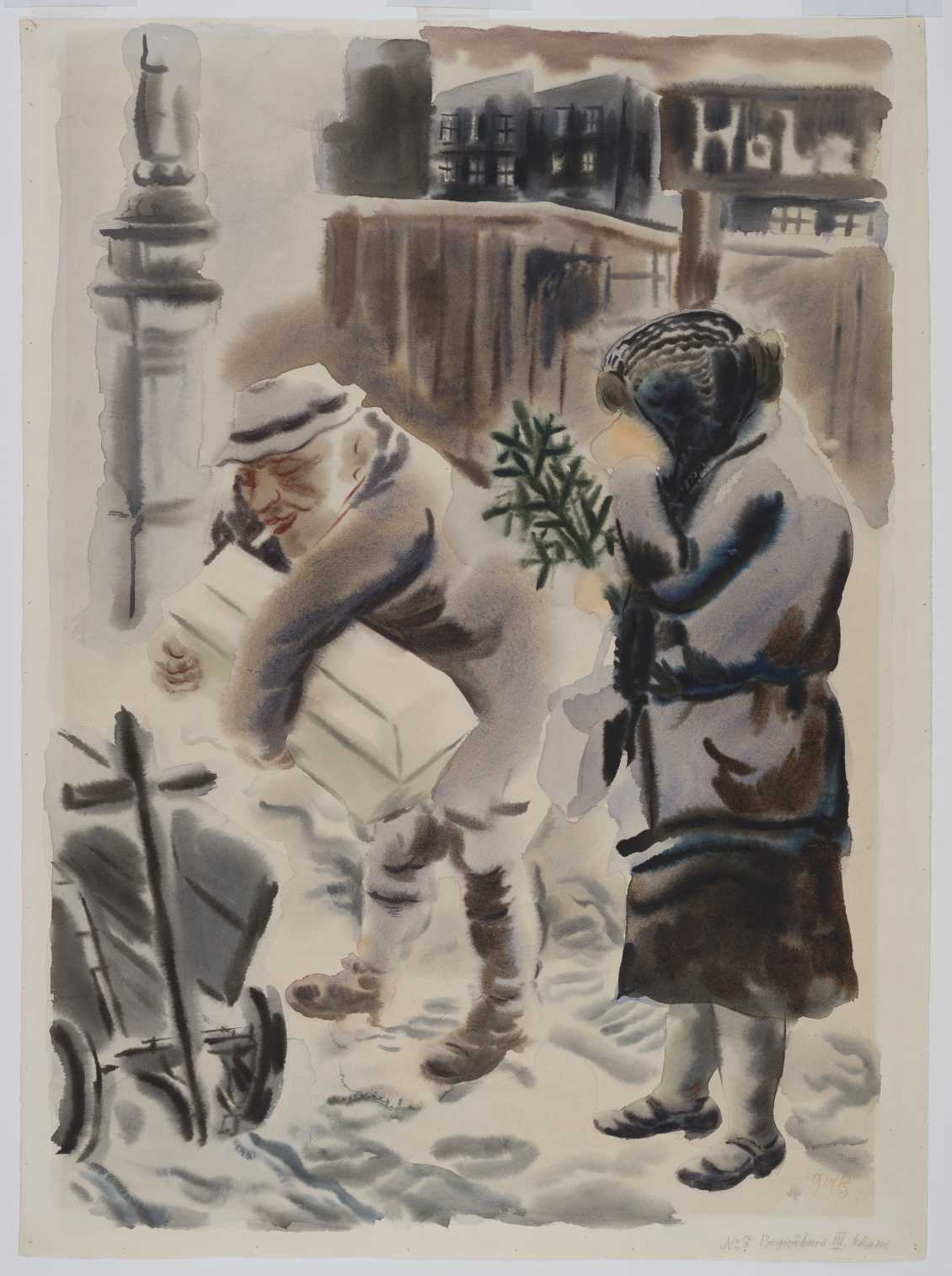 A solemn funeral procession moves through a drab urban landscape, rendered with expressive, melancholic washes. The work critiques social disparity with grim poignancy.