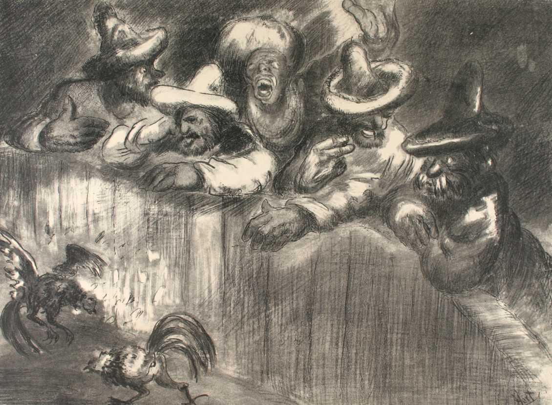 A group of men crowd around a cockfight, leaning forward with tense, eager expressions as two birds clash at their feet. The animated linework captures the thrill of gambling and the spectators' fervent focus on the violent spectacle.
