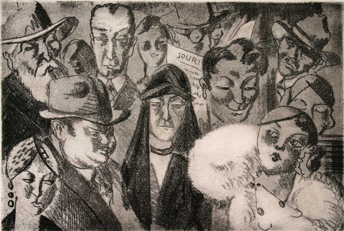 An elegantly dressed rider sits serenely in a quiet metro car, captured in soft mezzotint tones. The print evokes urban privilege and social class.