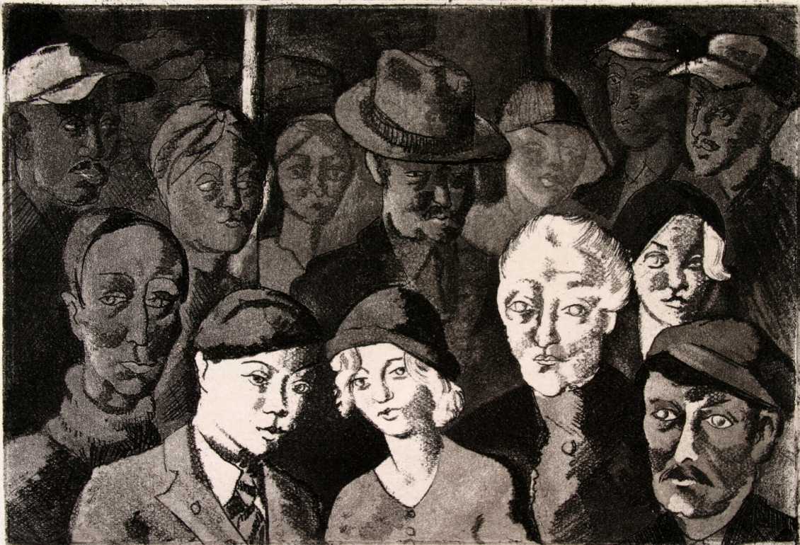 Contrasting the first-class image, this mezzotint shows a crowded and less orderly metro scene. Haupers subtly comments on public transit segregation.
