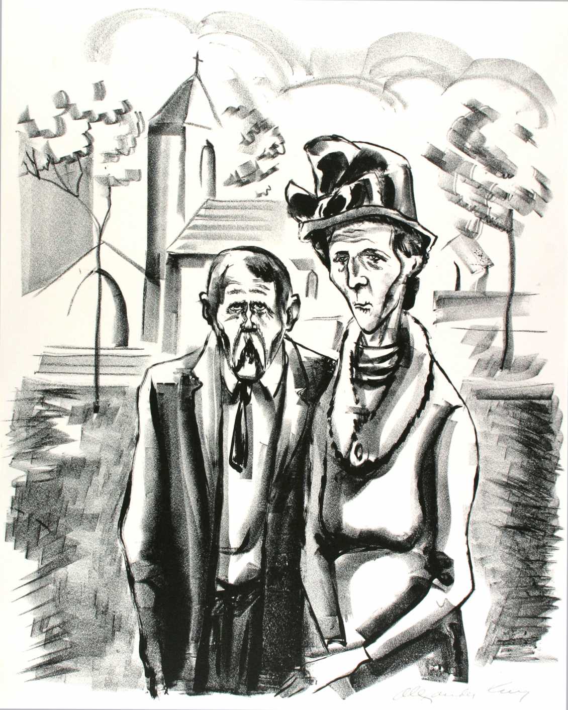 An elderly couple embraces in a moment of tenderness, their lined faces full of expression. The lithograph gently portrays enduring love and companionship.
