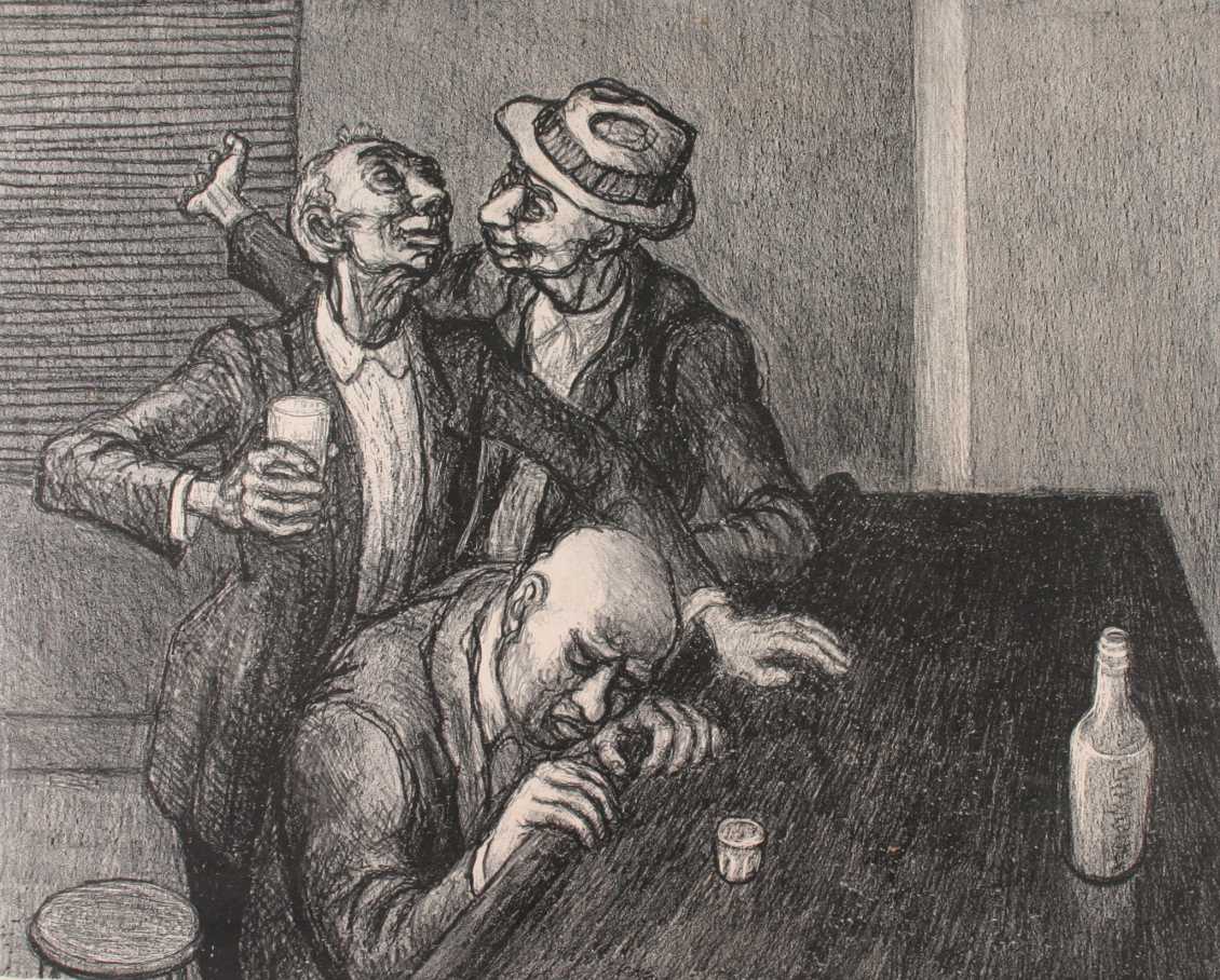 Bar patrons slump over drinks and stare into space in this somber lithograph. Wulf explores themes of isolation and escapism in Depression-era America.